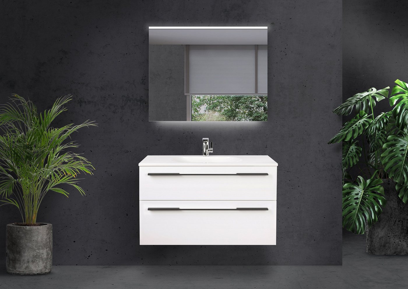 Intarbad Badmöbel-Set Badmöbel Set Modica 90 cm mit Evermite Waschtisch, Lichtspiegel LED von Intarbad