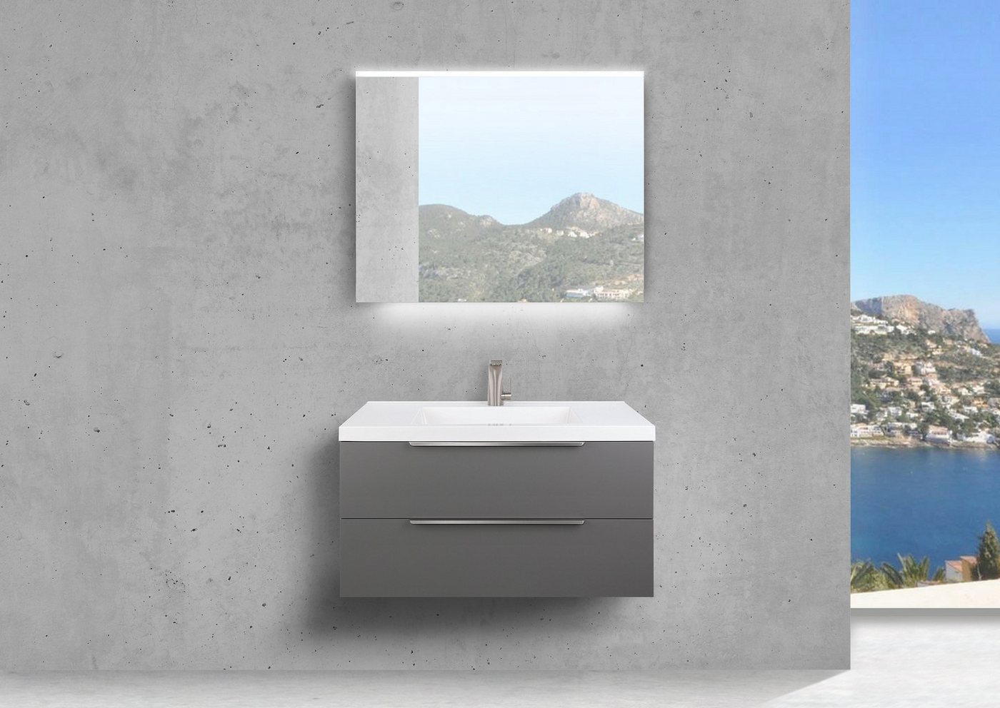 Intarbad Badmöbel-Set Badmöbel Set Salerno 2.0 90 cm mit Lichtspiegel Halifax Eiche Tabak von Intarbad