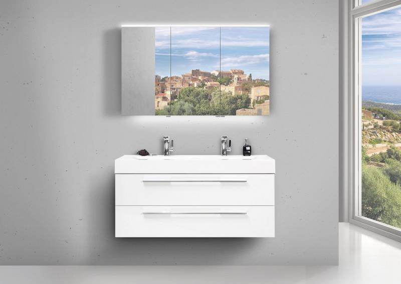 Intarbad Badmöbel-Set Badmöbel Set mit Doppelwaschtisch 120cm, Unterschrank Weiss und LED von Intarbad