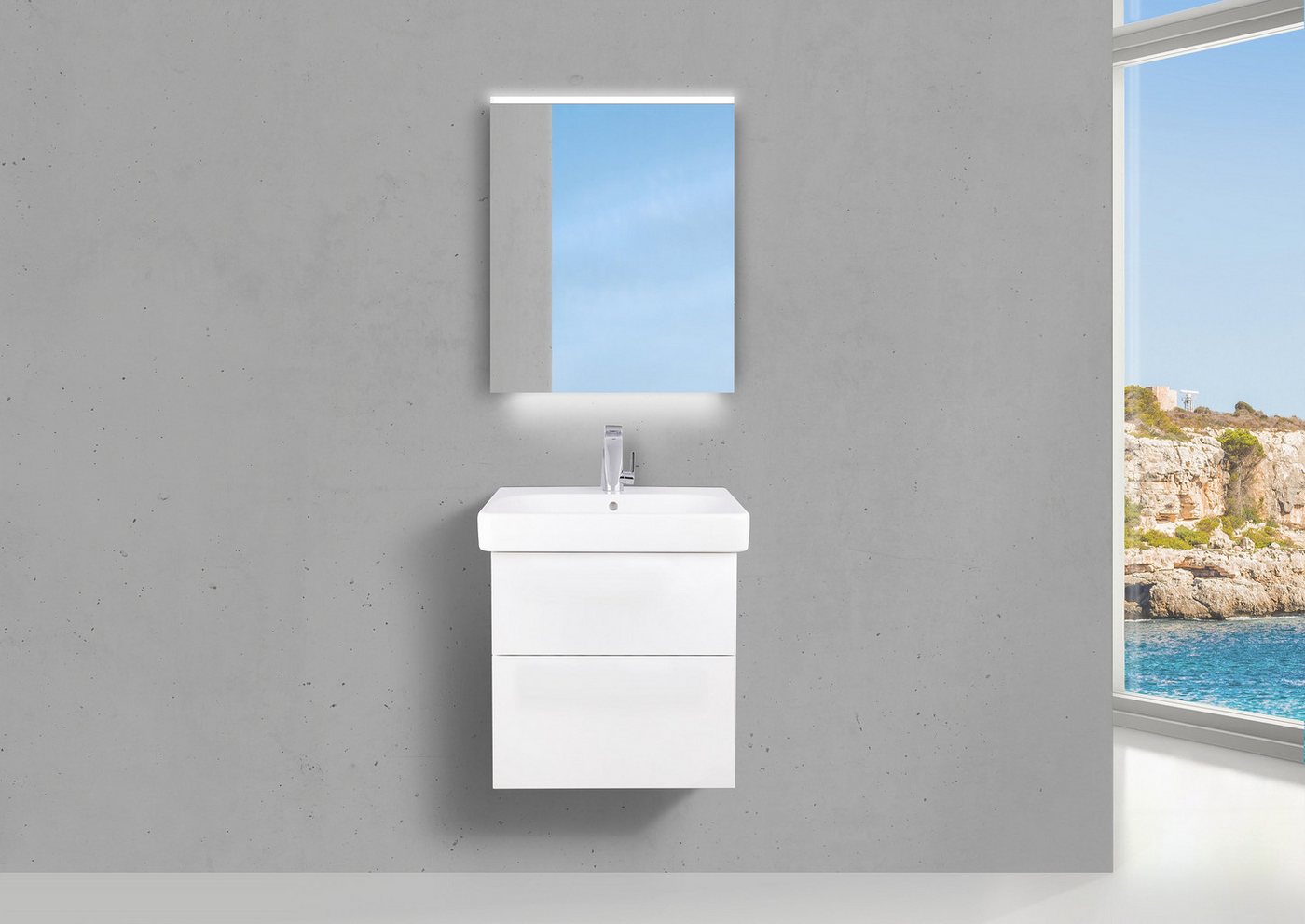 Intarbad Badmöbel-Set Badmöbel Set mit Geberit Smyle Square 60 cm Waschtisch, griffloser von Intarbad