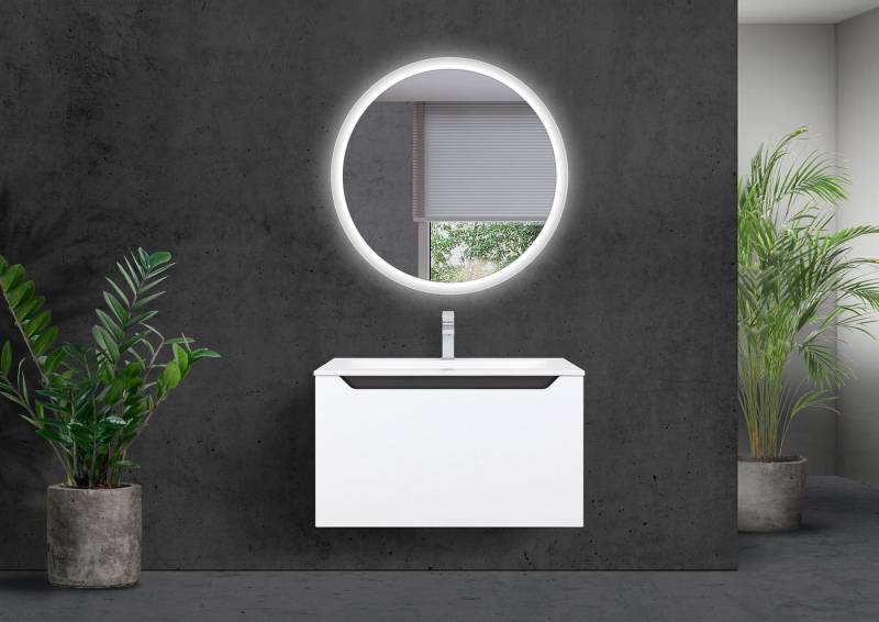 Intarbad Badmöbel-Set Badmöbel Set mit Waschtisch 80 cm, Hochglanz Griffleiste in Schwarz von Intarbad