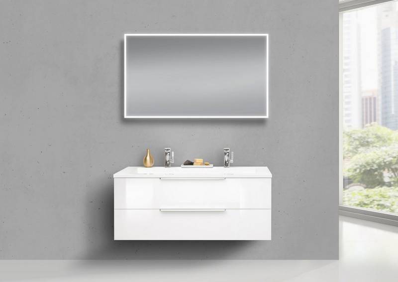 Intarbad Badmöbel-Set Badmöbel Doppelwaschtisch 120 cm, weiß hochglanz, mit Unterschrank und von Intarbad
