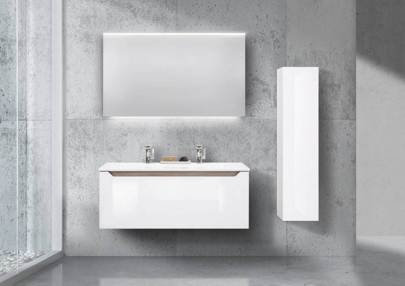 Intarbad Badmöbel-Set Doppelwaschtisch 120cm grifflos mit Led Spiegel und Hochschrank Weiß von Intarbad