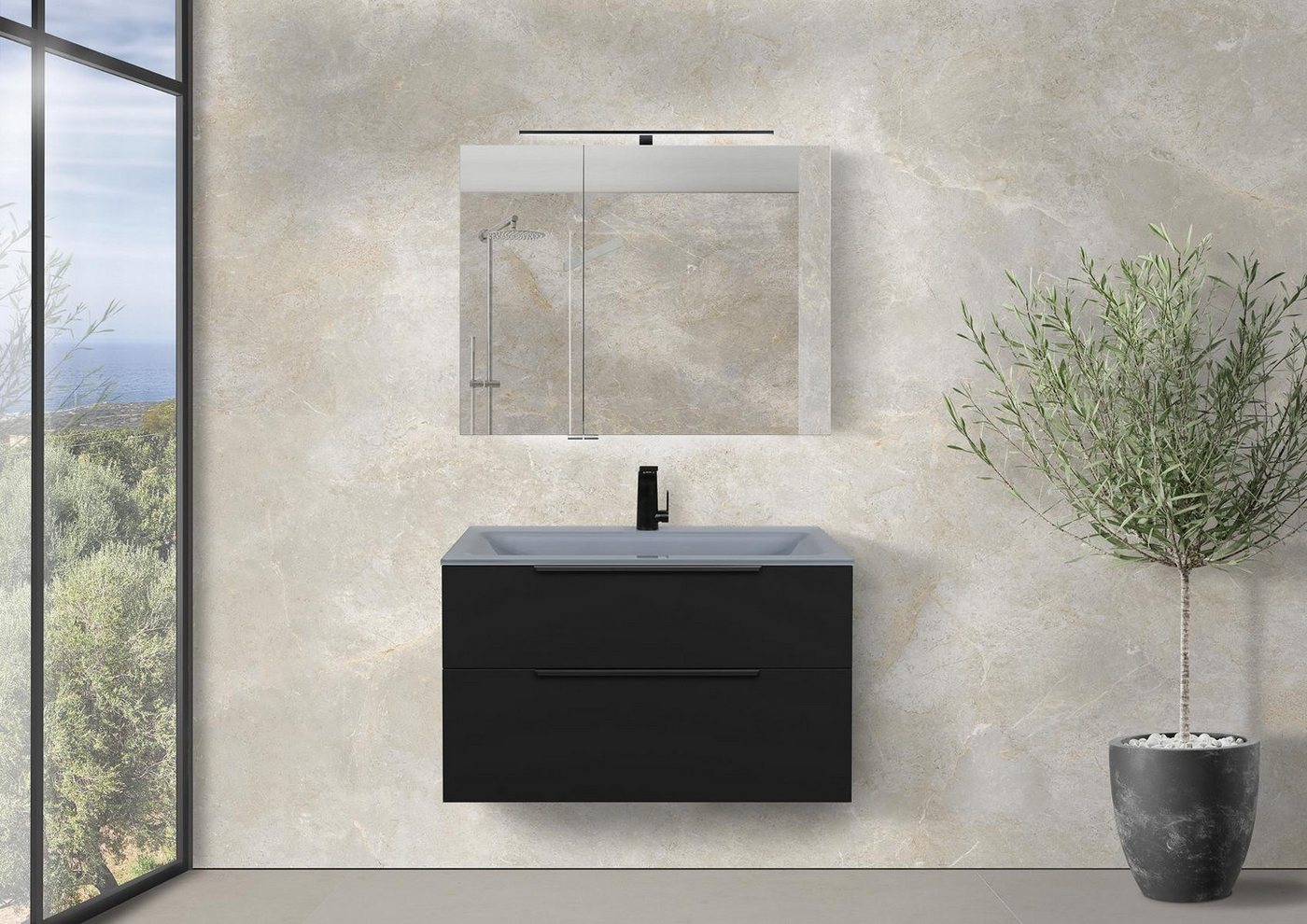 Intarbad Badmöbel-Set Saphir - Badmöbelset 90 cm mit Glaswaschbecken, Unterschrank und von Intarbad