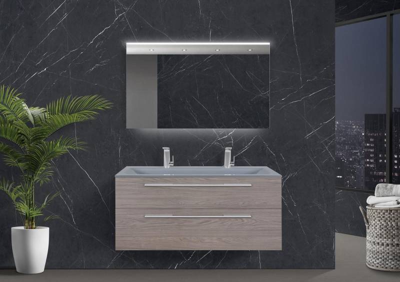 Intarbad Badmöbel-Set Saphir - Badmöbelset 120 cm mit Glaswaschbecken (Doppel), Unterschrank von Intarbad
