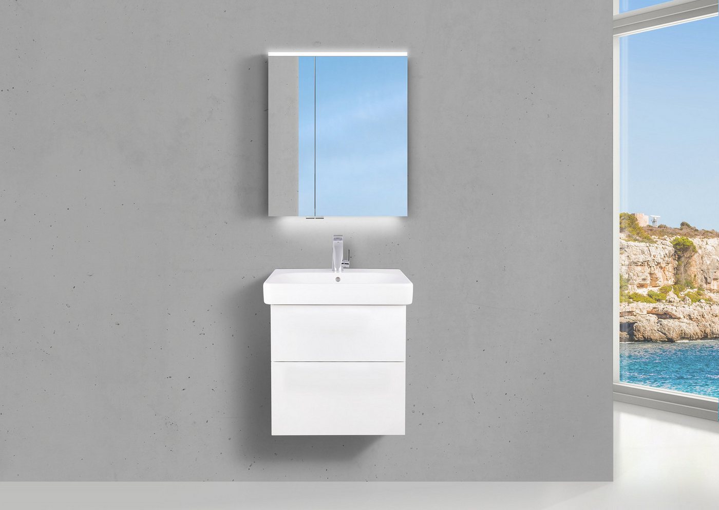 Intarbad Badmöbel-Set Badmöbel Shape mit Geberit Smyle Square Waschtisch 60 cm, grifflosem von Intarbad