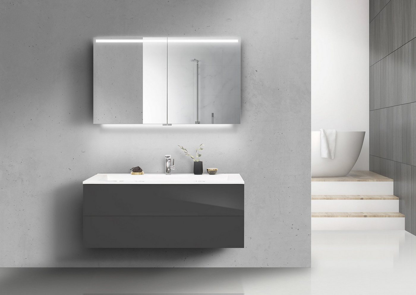 Intarbad Badmöbel-Set Badmöbel grifflos Cubo 120cm Waschtisch Evermite, Spiegelschrank Led von Intarbad