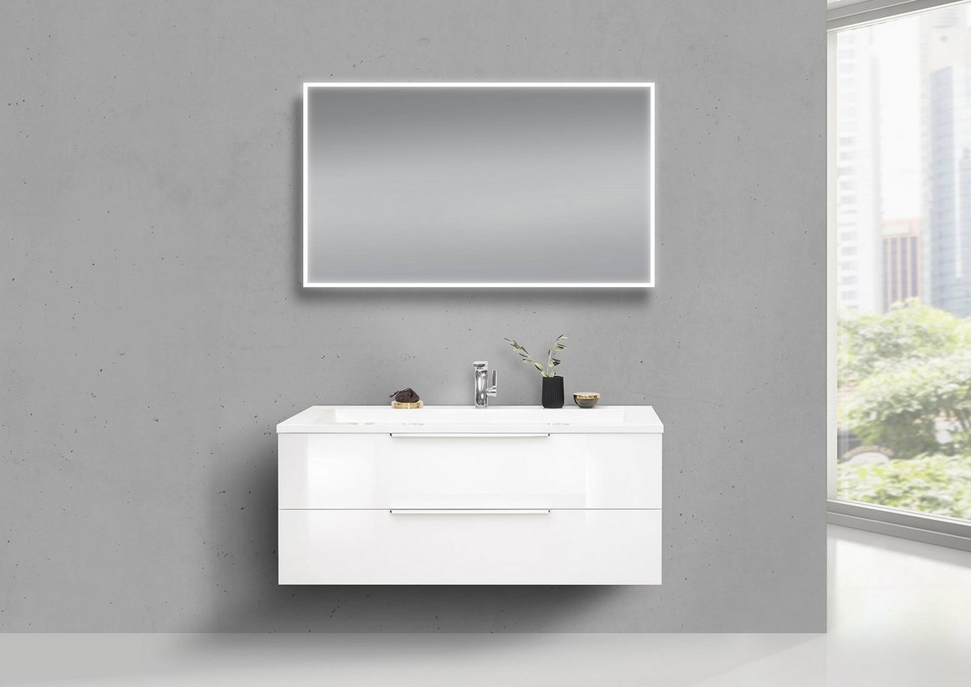Intarbad Badmöbel-Set Design Badmöbel CUBO 120 cm Evermite Waschbecken Weiß hochglanz Lack von Intarbad