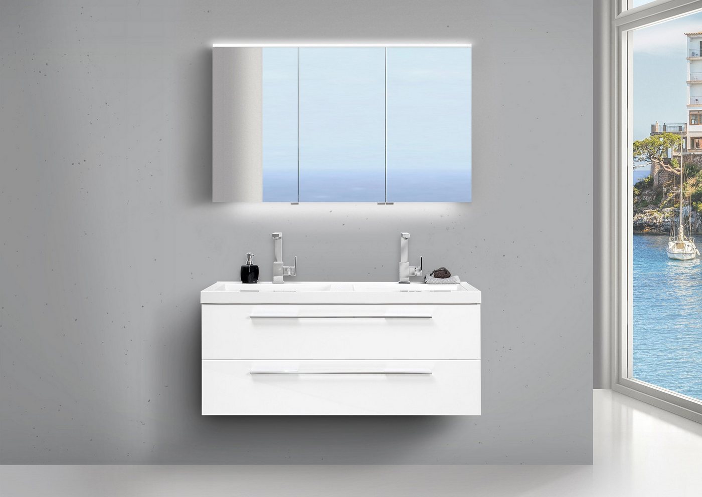 Intarbad Badmöbel-Set Design Badmöbel Set Weiss 120cm mit Doppelwaschtisch und LED von Intarbad