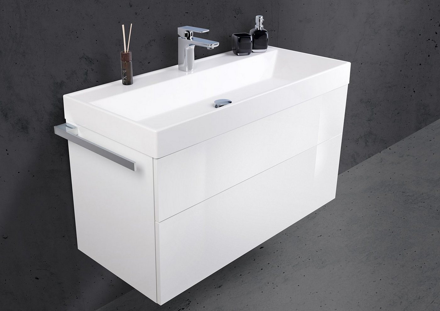 Intarbad Badmöbel-Set Design Badmöbel Set grifflos 100 cm Waschbecken Evermite mit von Intarbad