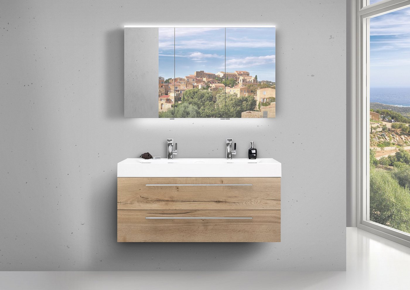 Intarbad Badmöbel-Set Doppelwaschbecken 120cm Badmöbel Eiche mit LED Spiegelschrank und Intarbad Badmöbel-Set Doppelwaschbecken 120cm Badmöbel Eiche mit LED Spiegelschrank und von Intarbad
