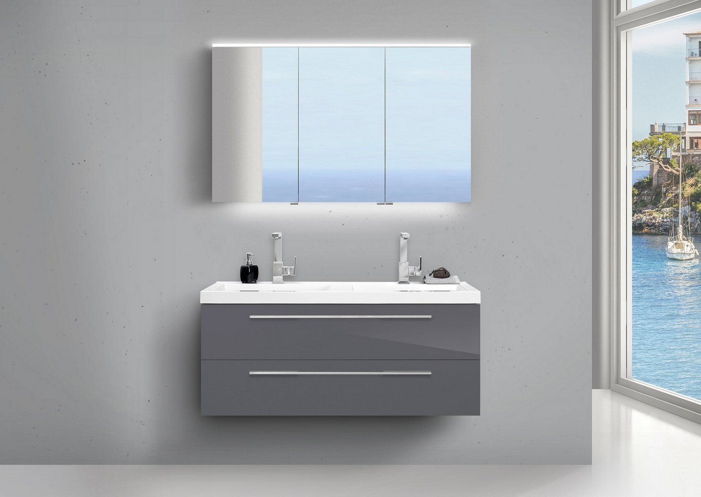 Intarbad Badmöbel-Set Doppelwaschtisch 120cm und LED Spiegelschrank Design Badmöbel Weiß Intarbad Badmöbel-Set Doppelwaschtisch 120cm und LED Spiegelschrank Design Badmöbel Weiß von Intarbad