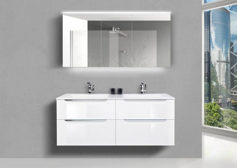 Intarbad Badmöbel-Set Doppelwaschtisch 140 cm Badmöbel Set SKY, mit Led Spiegelschrank, Weiß von Intarbad