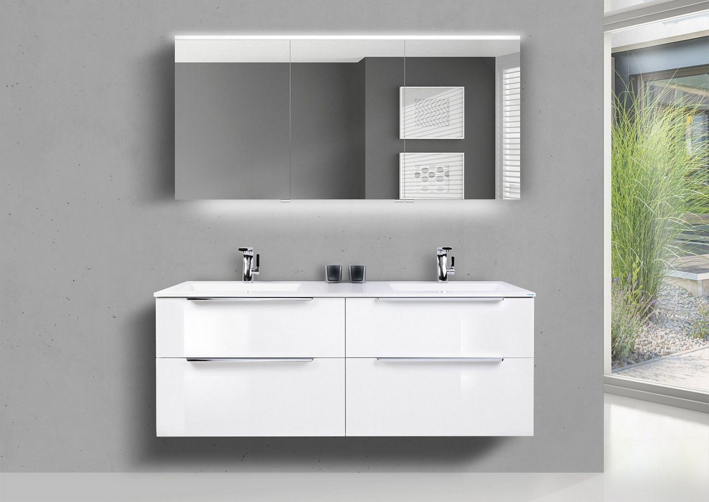 Intarbad Badmöbel-Set Doppelwaschtisch 150 cm Badmöbel SKY, Led Spiegelschrank, Made in von Intarbad