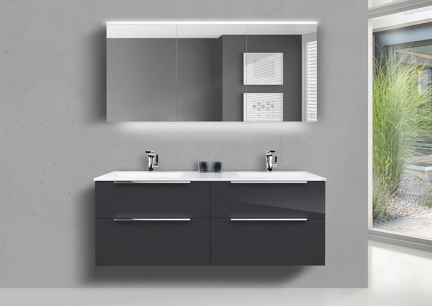 Intarbad Badmöbel-Set Doppelwaschtisch 150 cm Badmöbel SKY mit 4 Auszügen und LED von Intarbad