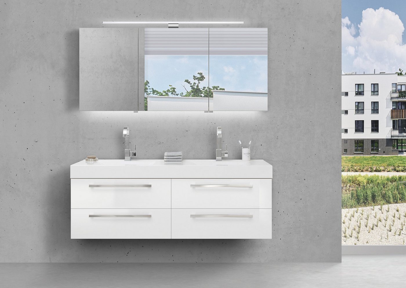 Intarbad Badmöbel-Set Doppelwaschtisch 160 cm Badmöbel Set mit Unterschrank, MULTI Light LED von Intarbad