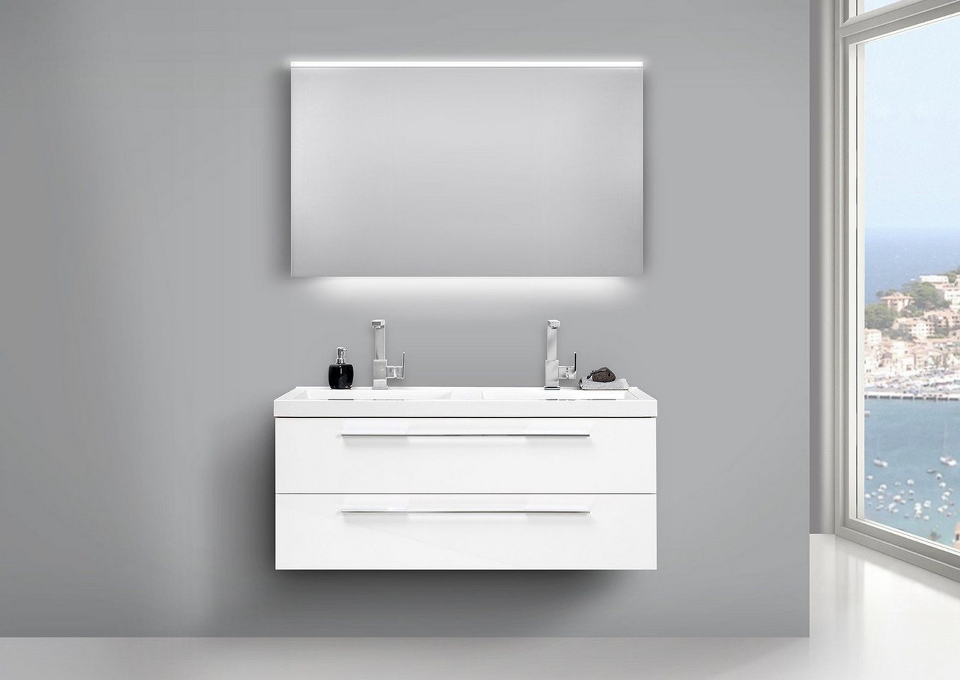 Intarbad Badmöbel-Set Doppelwaschtisch Badmöbel Set Weiss und LED Lichtspiegel Weiß Matt Intarbad Badmöbel-Set Doppelwaschtisch Badmöbel Set Weiss und LED Lichtspiegel Weiß Matt von Intarbad