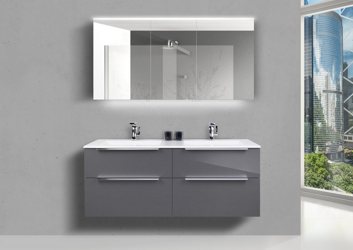 Intarbad Badmöbel-Set Doppelwaschtisch Evermite 140 cm Badmöbel SKY, Spiegelschrank Led von Intarbad