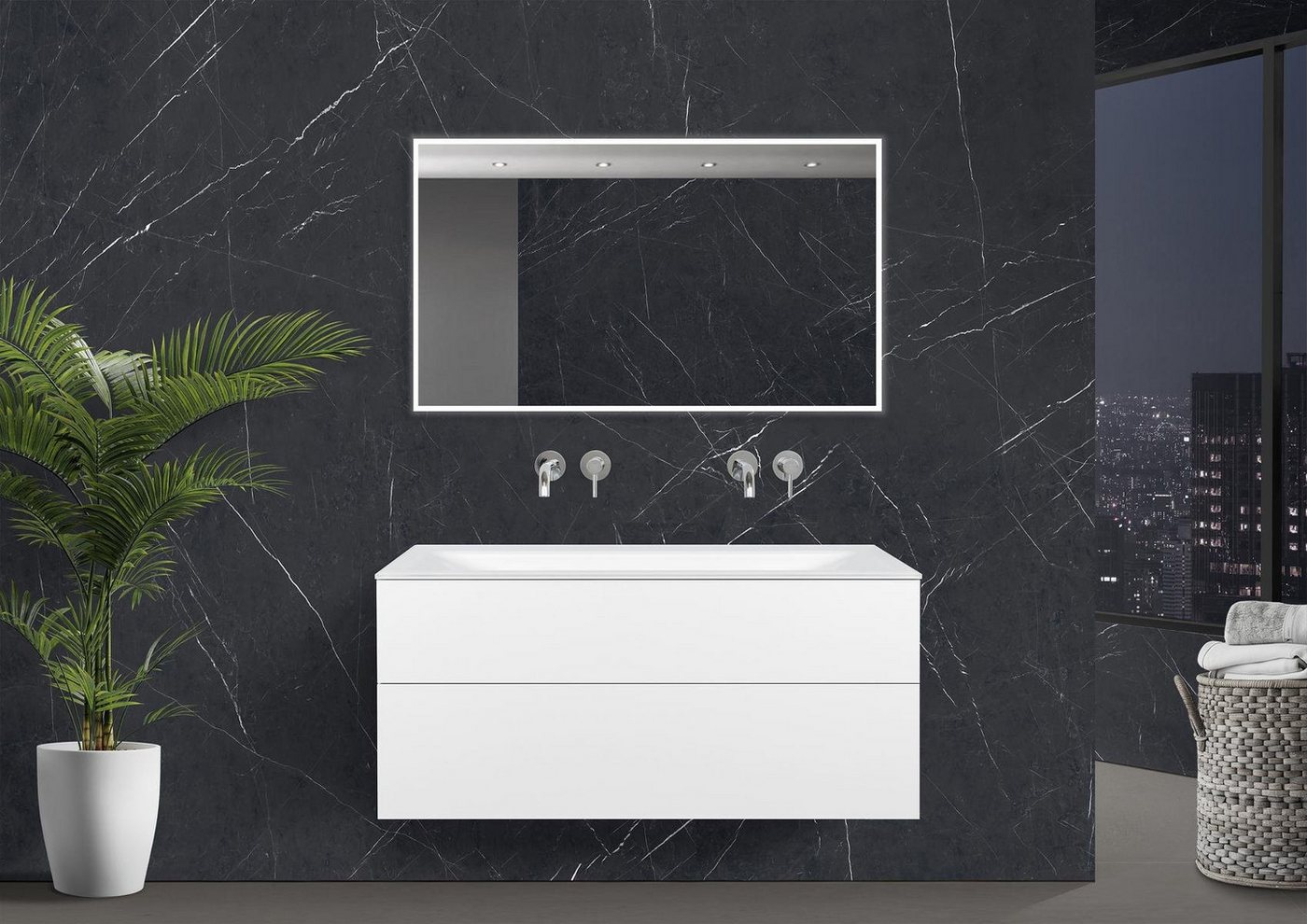 Intarbad Badmöbel-Set Saphir - Badmöbelset 120 cm mit Glaswaschbecken (Doppel) Optiwhite von Intarbad