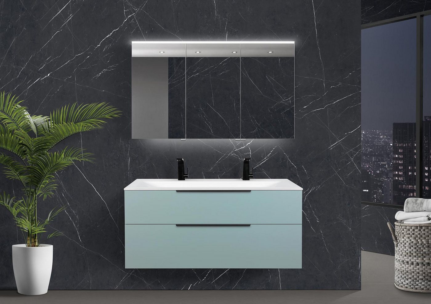 Intarbad Badmöbel-Set Saphir - Badmöbelset 120 cm mit Glaswaschbecken (Doppel) Optiwhite von Intarbad