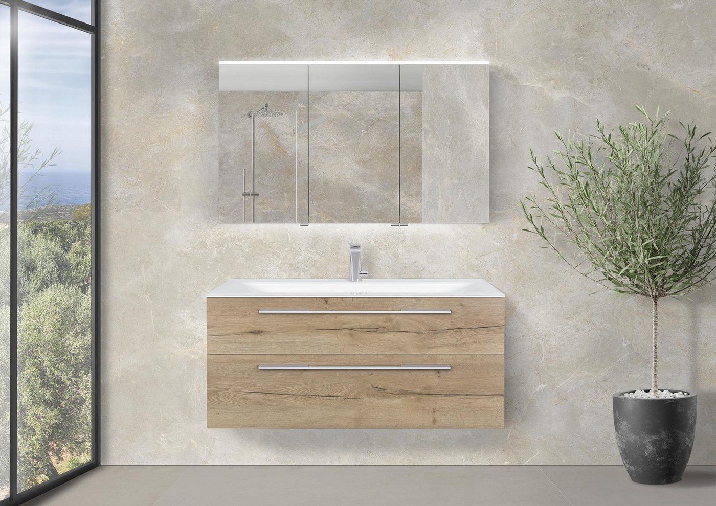 Intarbad Badmöbel-Set Saphir - Badmöbelset 120 cm mit Glaswaschbecken (Einzel) Optiwhite von Intarbad