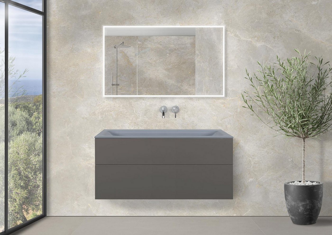 Intarbad Badmöbel-Set Saphir - Badmöbelset 120 cm mit Glaswaschtisch (Einzel) Optiwhite von Intarbad
