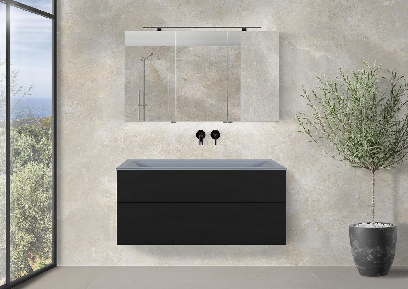 Intarbad Badmöbel-Set Saphir - Badmöbelset 120 cm mit Glaswaschtisch (Einzel) Optiwhite von Intarbad