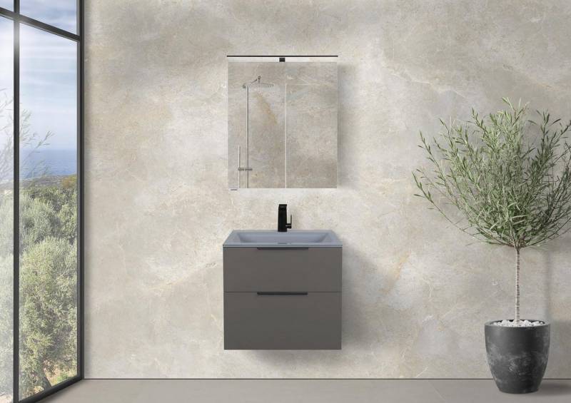 Intarbad Badmöbel-Set Saphir - Badmöbelset 60 cm mit Glaswaschbecken Optiwhite, Unterschrank von Intarbad