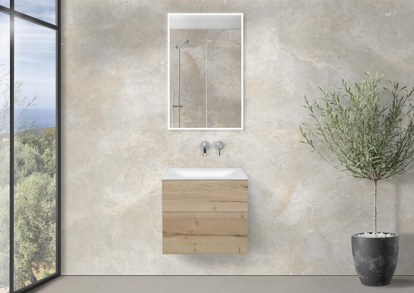 Intarbad Badmöbel-Set Saphir - Badmöbelset 60 cm mit Glaswaschbecken Optiwhite, griffloser von Intarbad