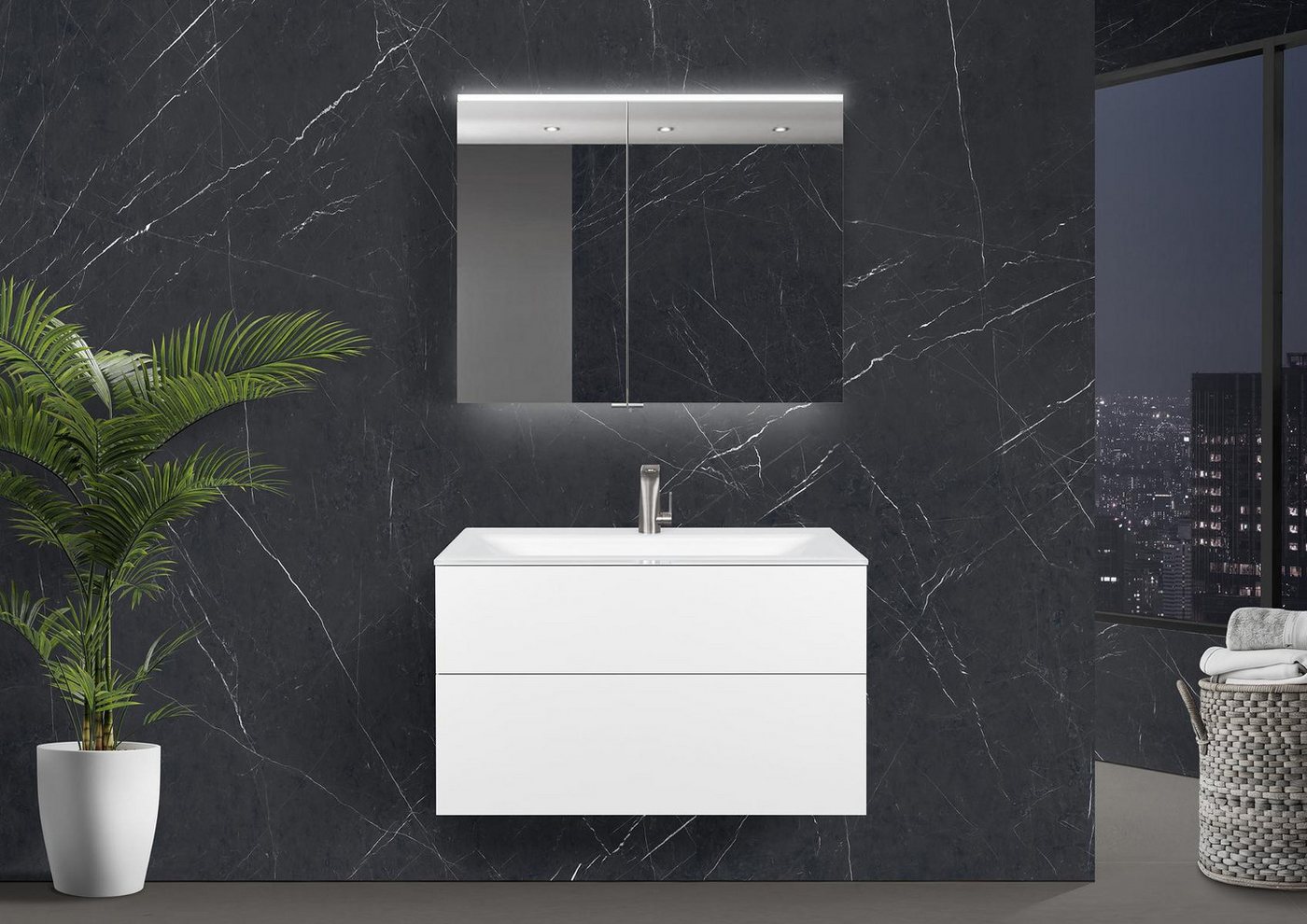 Intarbad Badmöbel-Set Saphir - Badmöbelset 90 cm mit Glaswaschbecken Optiwhite, griffloser von Intarbad
