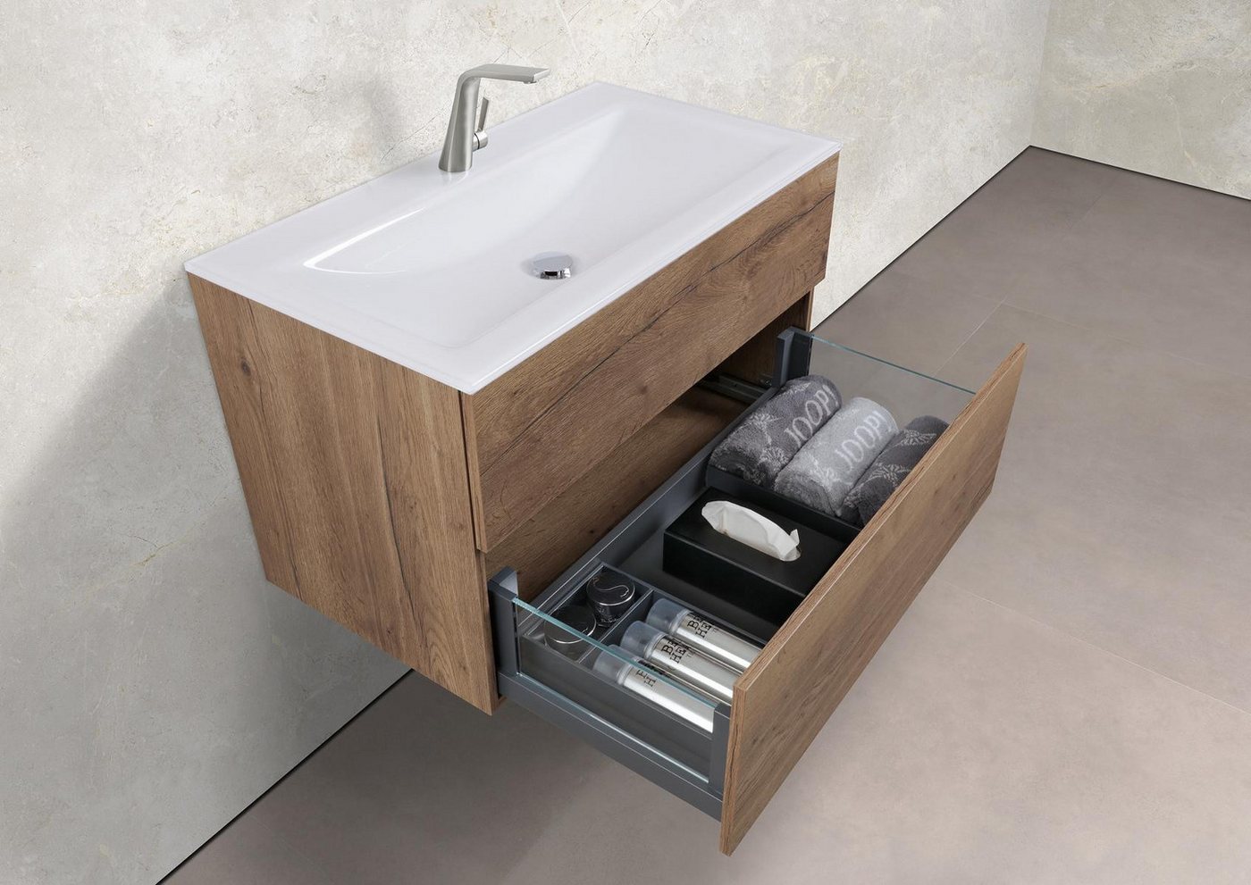 Intarbad Badmöbel-Set Saphir - Badmöbelset 90 cm mit Glaswaschbecken Optiwhite und Intarbad Badmöbel-Set Saphir - Badmöbelset 90 cm mit Glaswaschbecken Optiwhite und von Intarbad