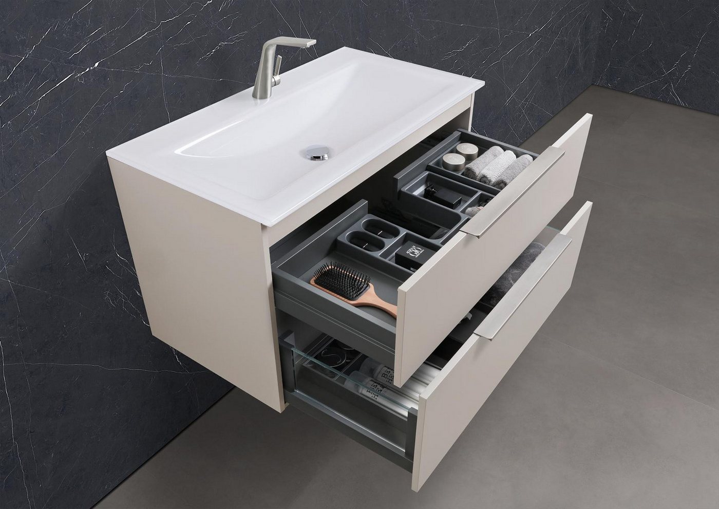 Intarbad Badmöbel-Set Saphir - Badmöbelset 90 cm mit Glaswaschtisch Optiwhite und von Intarbad