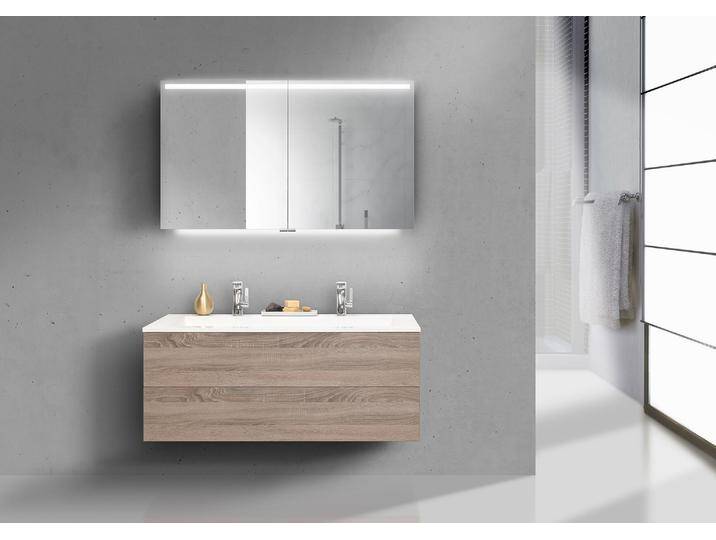 Intarbad Cubo 120 cm Doppelwaschbecken Badset grifflos mit Unterschrank und Led Spiegelschrank von Intarbad