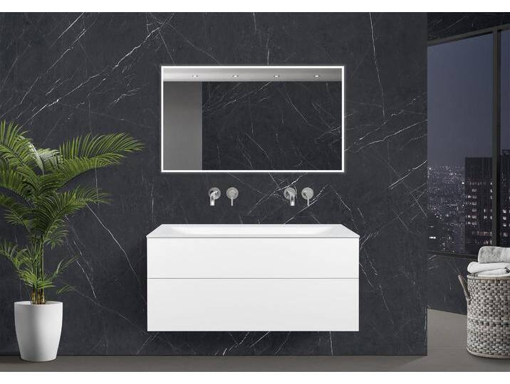 Saphir - Badmöbelset 120 cm mit Glaswaschbecken (Doppel), griffloser Unterschrank und Lichtspiegel von Intarbad