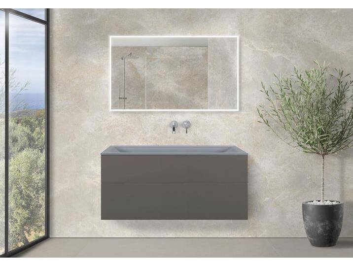 Saphir - Badmöbelset 120 cm mit Glaswaschtisch (Einzel) Optiwhite, griffloser Unterschrank und Lichtspiegel von Intarbad