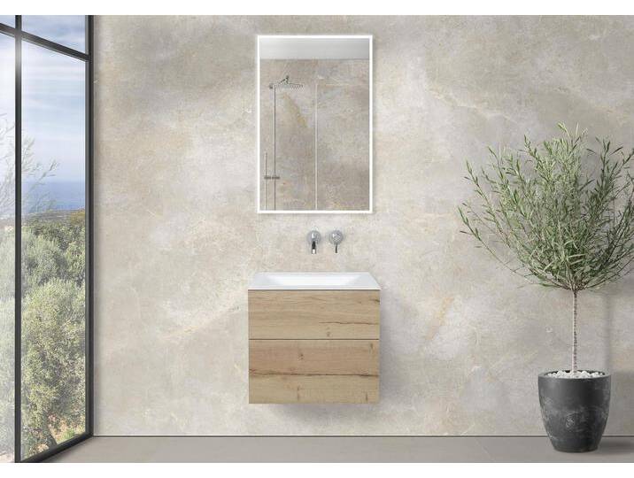 Saphir - Badmöbelset 60 cm mit Glaswaschbecken Optiwhite, griffloser Unterschrank und Lichtspiegel von Intarbad