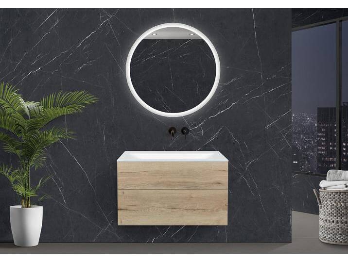 Saphir - Badmöbelset 90 cm mit Glaswaschtisch, griffloser Unterschrank und Lichtspiegel von Intarbad