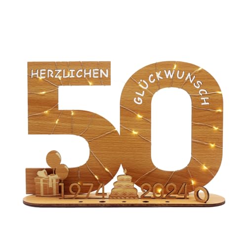 Intckwan Geldgeschenke 50 Geburtstag, Zahlen 50 Holz-Schild Gästebuch mit LED Lichterkette und Kerzenhalter, für 50 Jahre Geburtstag Mann Frau, für 50 Jubiläum Tischdeko mit Jahreszahlen, 1974-2024 von Intckwan