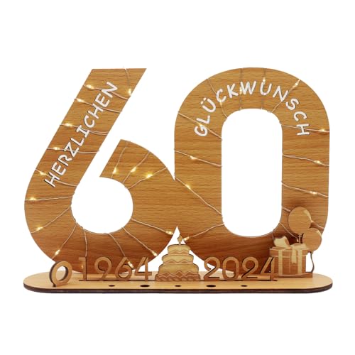 Intckwan Geldgeschenke 60 Geburtstag, Zahlen 60 Holz-Schild Gästebuch mit LED Lichterkette und Kerzenhalter, für 60 Jahre Geburtstag Mann Frau, für 60 Jubiläum Tischdeko mit Jahreszahlen, 1964-2024 von Intckwan