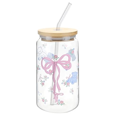 16 oz Glass Trinkbecher mit Deckel und Strohhalm,Bow Glasbecher,Eleganter Tumbler mit Bow Design,Iced Coffee Glas in Dosenform,Vielseitig für Kaffee, Cocktails und Mehr (Stil 5) von InteDesign