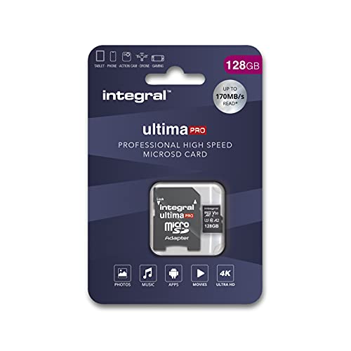 Integral 128GB Micro SD Karte 4K Video Lesegeschwindigkeit 170MB/s und Schreibgeschwindigkeit 130MB/s MicroSDXC A2 C10 U3 UHS-I 170-V30 Unsere schnellste High Speed Micro SD Speicherkarte von Integral