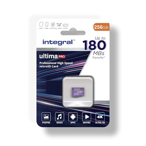 Integral 256 GB Micro SD Karte 4K Video Lesegeschwindigkeit 180 MB/s und Schreibgeschwindigkeit 150 MB/s MicroSDXC A2 C10 U3 UHS-I 150-V30 Unsere schnellste High Speed Micro SD Speicherkarte von Integral