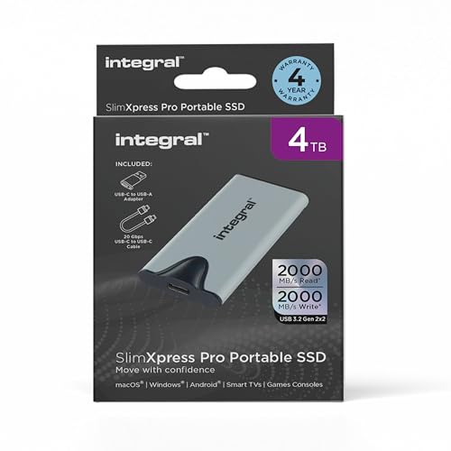 Integral SlimXpress Pro 4TB Externe Portable SSD-Festplatte: USB-C, 2000 MB/s Lesen/Schreiben, USB 3.2 Gen 2x2, Kompaktes, Plug & Play, Kompatibel mit Mac, Windows-PC, Android, Xbox, PlayStation von Integral