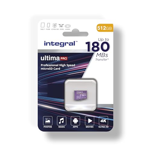 Integral 512GB Micro SD Karte 4K Video Lesegeschwindigkeit 180MB/s und Schreibgeschwindigkeit 150MB/s MicroSDXC A2 C10 U3 UHS-I 180-V30 Unsere schnellste High Speed Micro SD Speicherkarte von Integral
