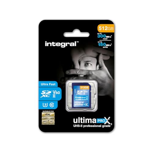 Integral 512GB UHS-II SD-Karte v60 Bis zu 300MB/s Lese- und 150MB/s Schreibgeschwindigkeit SDXC Professional High Speed Speicherkarte von Integral