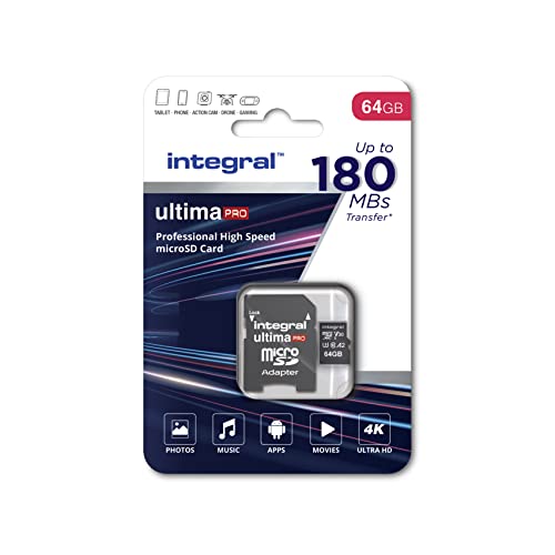 Integral 64 GB Micro SD Karte 4K Video Lesegeschwindigkeit 180 MB/s und Schreibgeschwindigkeit 150 MB/s MicroSDXC A2 C10 U3 UHS-I 150-V30 Unsere schnellste High Speed Micro SD Speicherkarte von Integral