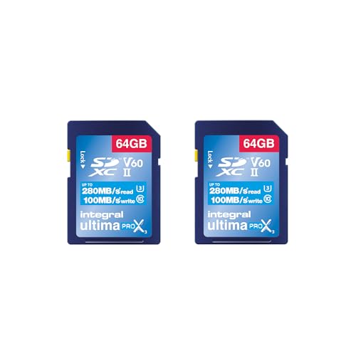 Integral 64GB 2-Pack UHS-II SD-Karte V60 Bis zu 280 MB/s Lese- und 100 MB/s Schreibgeschwindigkeit SDXC Professional High Speed Speicherkarte Integral 64GB 2-Pack UHS-II SD-Karte V60 Bis zu 280 MB/s Lese- und 100 MB/s Schreibgeschwindigkeit SDXC Professional High Speed Speicherkarte von Integral