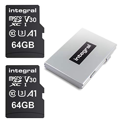 Integral 64GB 2er-Pack Micro SD Karte mit einem 12 Slot schützenden Metallkartenetui - 4K Ultra-HD Video Premium High Speed bis zu 100MB/s Lesegeschwindigkeit - Microsdxc V30 UHS-I U3 C10 A1 von Integral