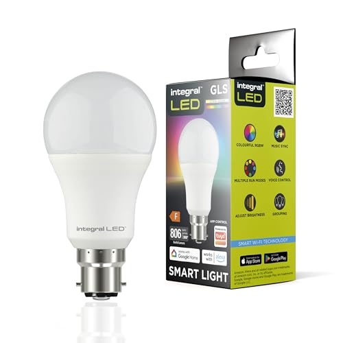 Integral GLS B22 Smart LED 2 Pack Dimmbar Farbwechsel 2.4GHz WLAN Lampe - Warm, Cool & Daylight White 2700K-6500K, 806lm, 8,5W (60W-Äquivalent) - App-gesteuert - Alexa & Google Home kompatibel von Integral