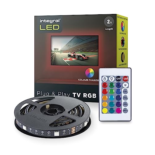 Integral LED 2M USB Strip Licht für 32-58 Zoll TV oder Bildschirm, Plug & Play RGB Hintergrundbeleuchtung, Farbwechsel, dimmbar mit IR-Fernbedienung, Farbe und Helligkeit einstellbar von Integral